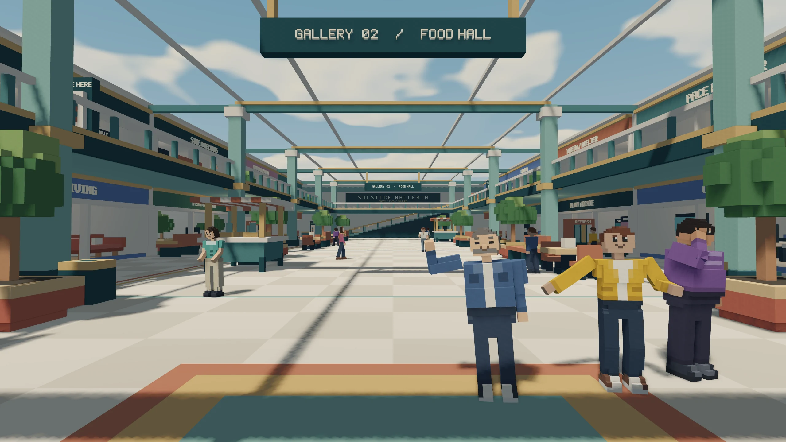 Three voxel characters wave and dance in the sunlit Solstice Galleria